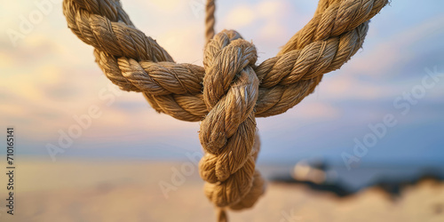 Knotted Jute Rope Close-up in sunny day. Detailed close-up of a knotted jute rope on a neutral background, showcasing texture and strength, simple, copy space. © dinastya
