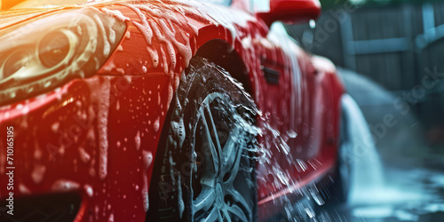 Sudsy Car Wash. Close-up of a car covered in soap suds during a wash with street in the background. photo