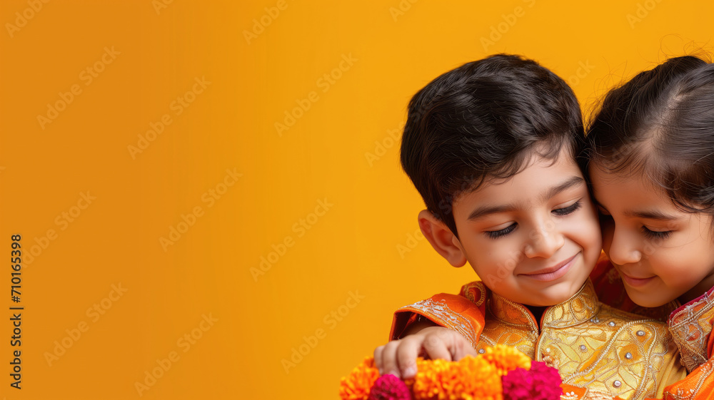 Brother and sister with foreheads touching, orange backdrop Brother and sister with foreheads touching, orange backdrop