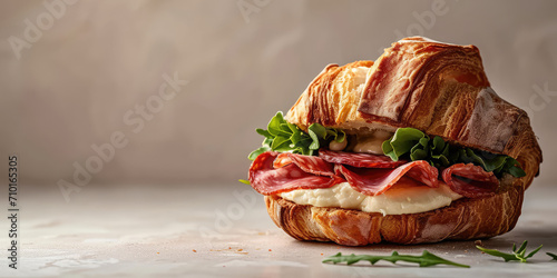 Toasted Croissant Sandwich with Salami and Mozzarella. Gourmet croissant sandwich with salami, mozzarella cheese, and fresh arugula on a flat background. photo