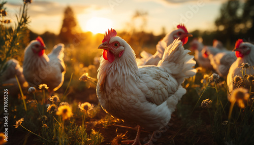 Chickens roam freely in the green meadow generated by AI
