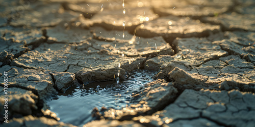 Water Droplet in a puddle on Cracked Earth. A single water droplet falls onto parched, cracked soil, highlighting scarcity and the need for conservation.