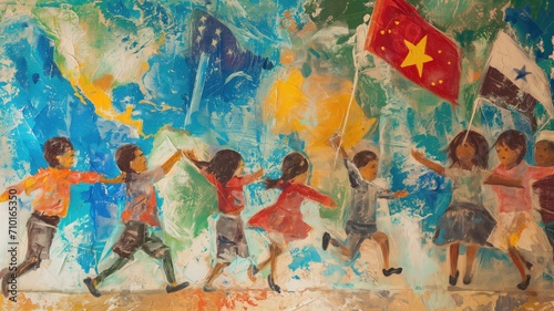 Colorful painting of children with flags in a vibrant abstract background