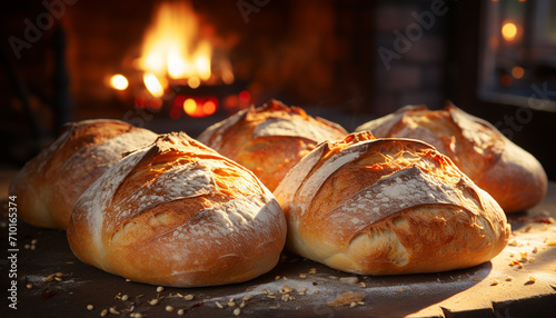 Freshly baked bread on wood table, warmth fills air generated by AI