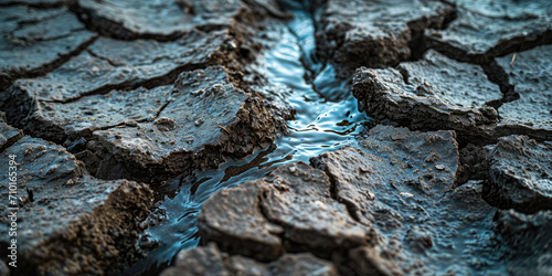 Water Droplet on Cracked Earth. Little river fall onto parched, cracked soil, highlighting scarcity and the need for conservation.