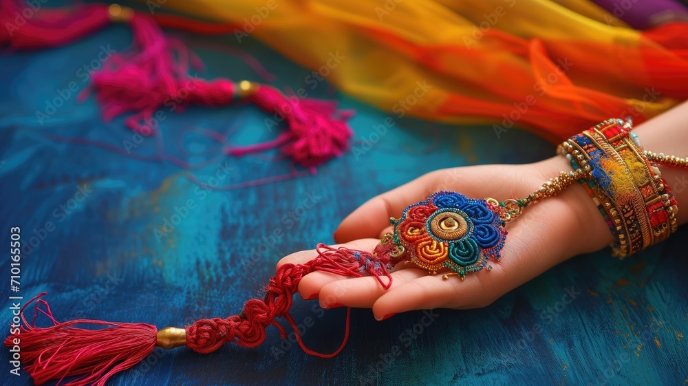 Naklejka premium Vibrant rakhi held in a hand against colorful textiles