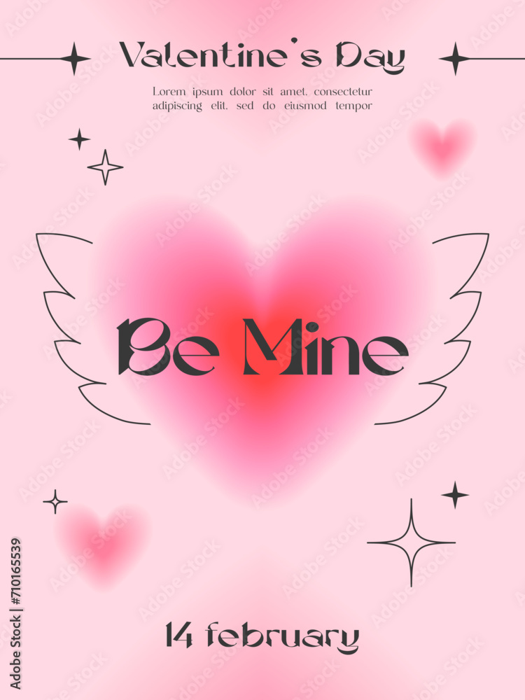 Valentines Day greeting template in 90s style.Romantic vector illustration in y2k aesthetic with linear shapes,blurred hearts,wings,sparkles.Modern poster for smm,invitations,prints,promo offers