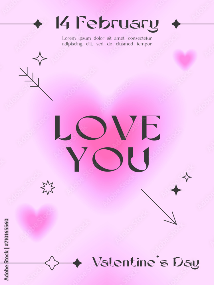 Valentines Day greeting template in 90s style.Romantic vector illustration in y2k aesthetic with linear shapes,blurred hearts,arrow,sparkles.Modern poster for smm,invitations,prints,promo offers
