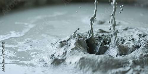 Water Mixing with Cement Powder on floor. A close-up shot of water splashing onto dry cement powder, depicting the initial stage of mixing construction material.