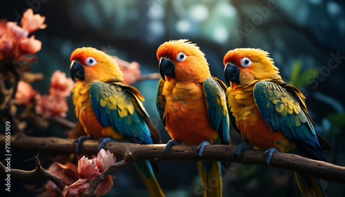 Colorful macaw perched on branch in tropical rainforest generated by AI