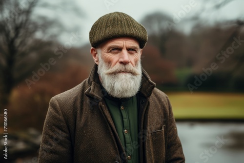 Portrait of senior man with gray beard and stylish clothes outdoors. © Igor