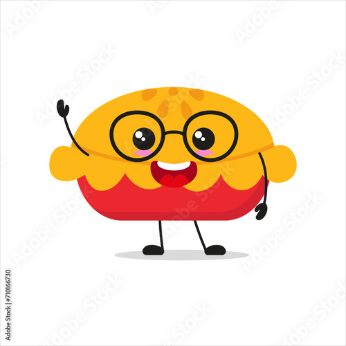 Cute happy apple pie wear eyeglasses. Smiling and greet pastry cartoon emoticon in flat style. bakery vector illustration