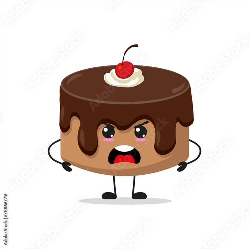 Cute furious chocolate cake. Temperament dessert cartoon emoticon in flat style. bakery vector illustration