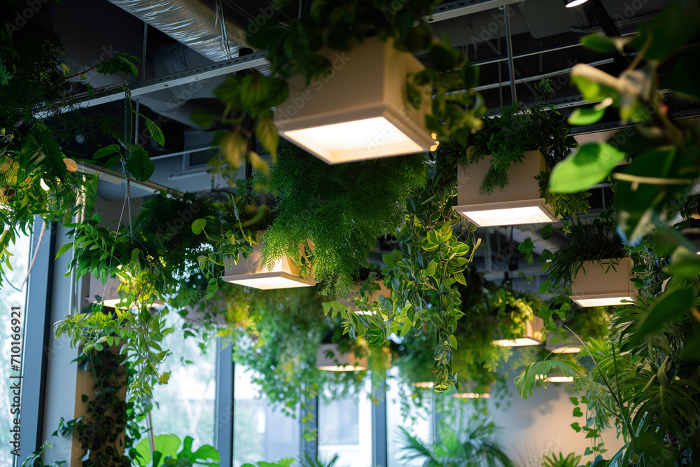 Plants on the ceiling. Smart garden in the office. Biophilic design. concept of biophilia. Plants on the ceiling. Smart garden in the office. Biophilic design. concept of biophilia.