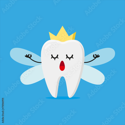 Cute relax tooth fairy. Funny yoga teeth cartoon emoticon in flat style. myth meditation vector illustration