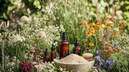 Backyard Beauty: Sustainable beauty scene, with products containing soil and insect extracts in drop bottles, set in a garden emphasizing circular systems
