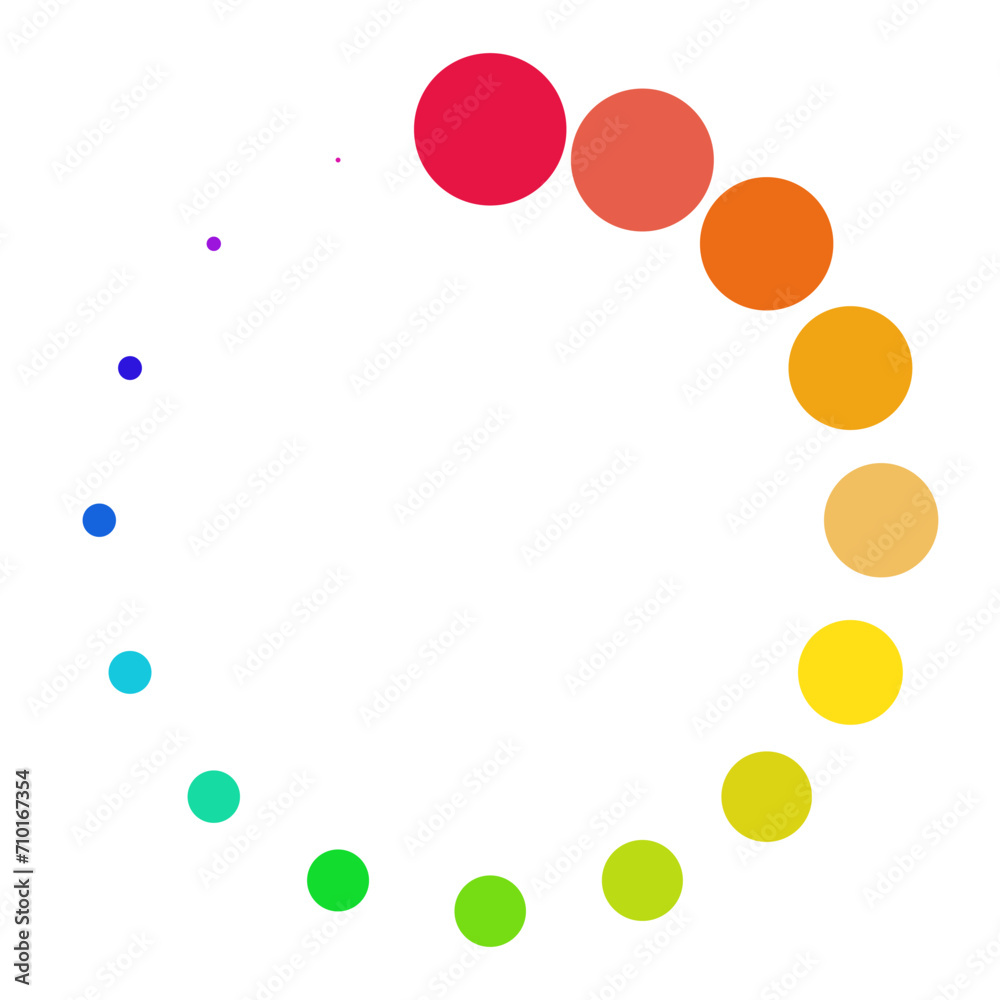 Circle of color palette icon that are arranged around each other in a circle on white background. Indicator for loading progress. Seamless loopin