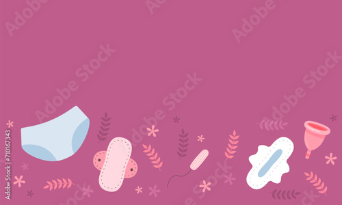 Pad, Menstrual Cup, Tampon and flowers. Period days. Feminine hygiene products. Menstrual cycle and menstrual products. Period days. Feminine hygiene products. Menstrual cycle