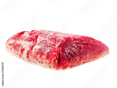 Uncooked strip loin joint on white background. Raw high quality and price piece of beef meat.