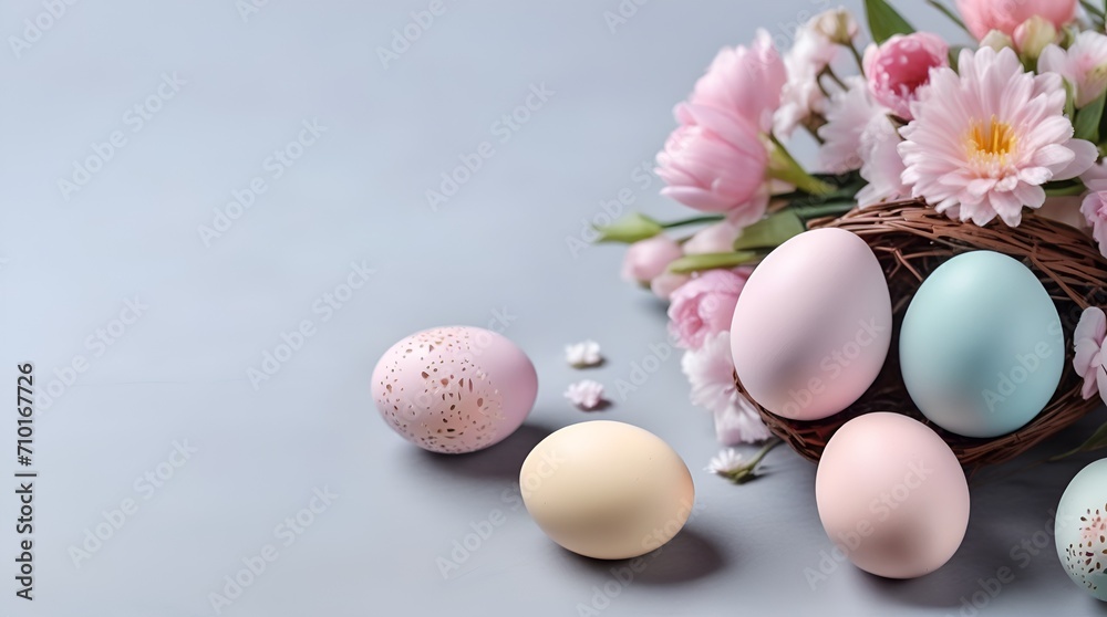 Pastel Easter eggs and flowers on gray background, copy space