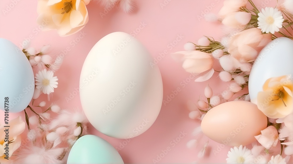 Pastel Easter eggs and flowers on peach background, copy space
