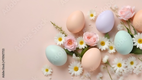 Pastel Easter eggs and flowers on peach background  copy space