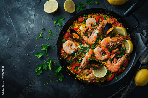 Traditional spanish seafood paella with rice, mussels, shrimps in a pan. Generative AI