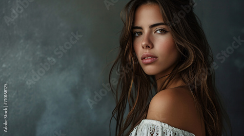 Beautiful amazing Argentina woman on studio background.