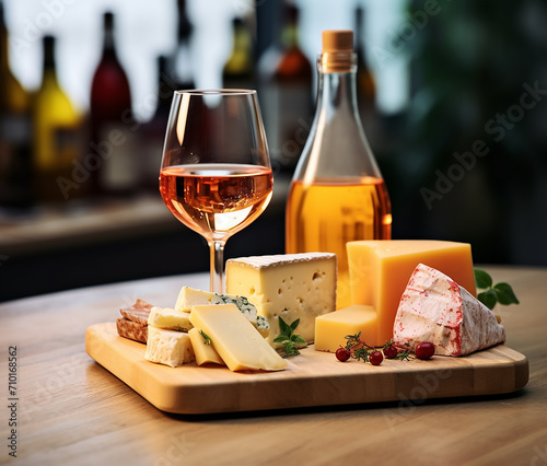 Gourmet meal, wine bottle, cheese slice, rustic table generated by AI