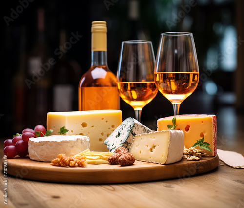 Gourmet meal, wine bottle, cheese slice, French culture generated by AI