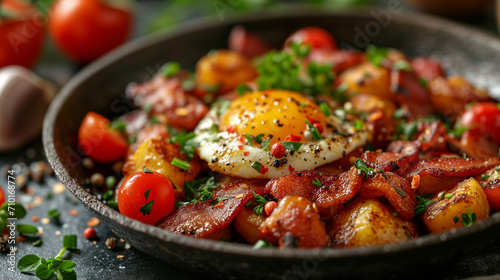  Pan fried potatoes with bacon and eggs, sprinkled with herbs, close up