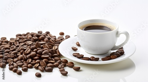 Hot coffee cup and beans roasted on a white background. AI generated image