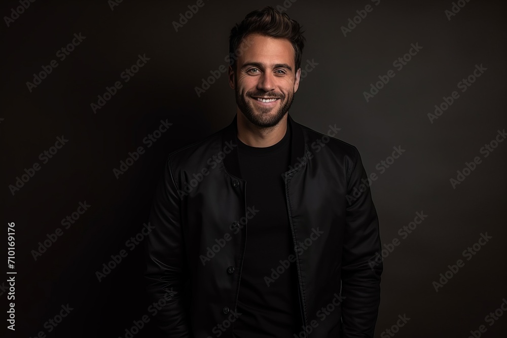 Portrait of a handsome young man in a black jacket on a dark background.