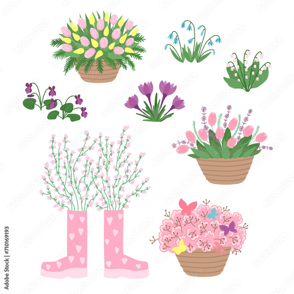 Obraz premium Spring flowers and bouquets isolated set in flat cartoon design. Bundle of tulips, twigs and leaves in basket, pink blooms in rubber boots, violet, crocus, scilla, lily. Vector illustration isolated