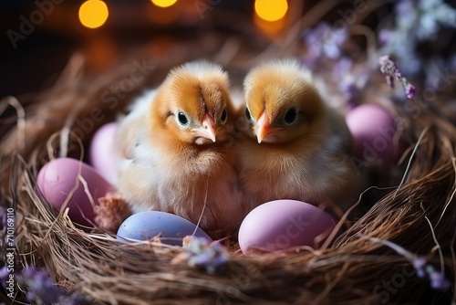 Two chickens in a nest with eggs. Easter card, holiday banner