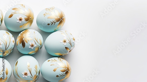 Gold and Robin blue Easter egg decorations with spring flowers, Easter background concept