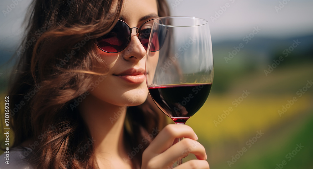 Young woman enjoying the outdoors, sipping red wine generated by AI