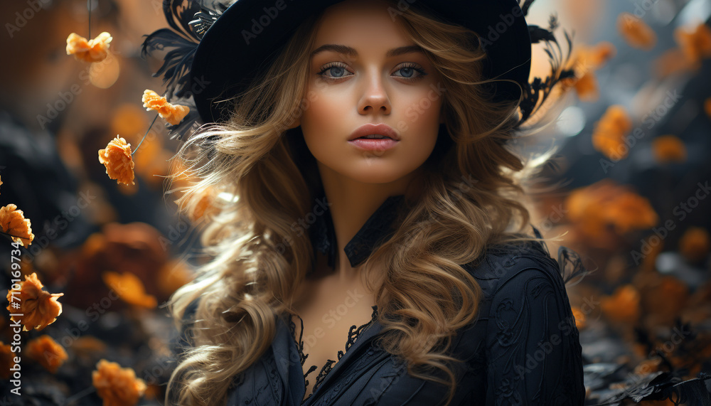 Young woman in autumn, looking at camera, smiling generated by AI