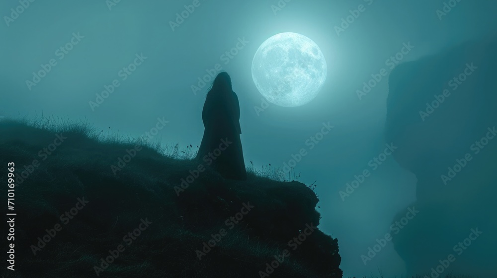 Nature's Ritual, Silhouette of a Lone Figure Holding a Ritualistic Pose on a Hilltop During Walpurgis Night, Backlit by the Full Moon, Mystical, Stark Contrast, Majestic Landscape
