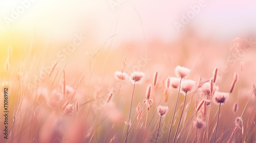 Soft focus of grass flowers with sunset light, peaceful and relax natural beauty, spring Easter wild flowers background concept photo