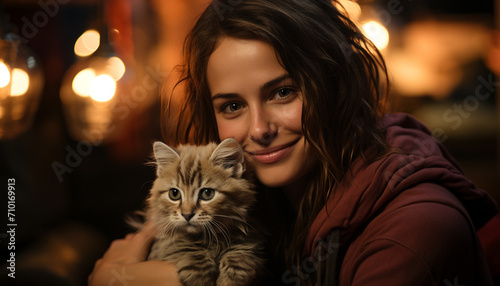Smiling woman embraces cute kitten  radiating happiness generated by AI