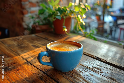 Cup of coffee in a blue mug on a wooden table