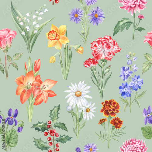 Seamless pattern with the birth month flowers - carnation, daisy, gladiolus, lily of the valley, marigold, larkspur, aster, violet, holly, chrysanthemum, rose, daffodil, Watercolor painted elements.  © FlowersForBear