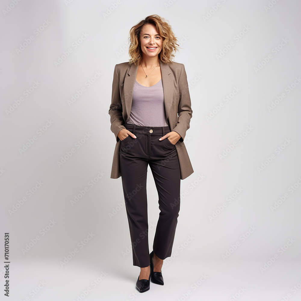Happy relaxed businesswoman in formal wear standing with hands in pocket on light grey background. Photo of a happy man in a formal suit posing and smiling at the camera. The 35-year-old woman. Happy relaxed businesswoman in formal wear standing with hands in pocket on light grey background. Photo of a happy man in a formal suit posing and smiling at the camera. The 35-year-old woman.