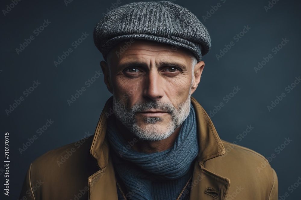 Portrait of a senior man with grey beard wearing a hat and coat. Portrait of a senior man with grey beard wearing a hat and coat.