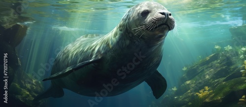 Sleek marine mammal, intelligent and sociable, represents peace and happiness in water.