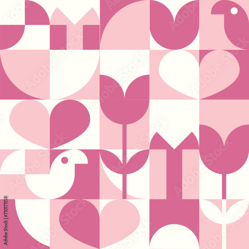 Valentine's seamless pattern. Hearts shapes, flowers and birds abstract pastel background. Minimalistic retro style. Vector illustration.
