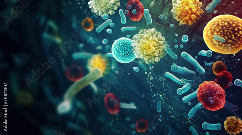 3d rendering of virus cells in medical background. Microscopic view. Abstract background for a body microbiome bacterium medical concept. Probiotics bacteria biology science. photo