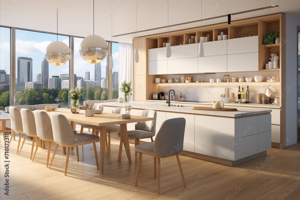 Modern kitchen interior in white colors with stunning sunrise view from skyscraper