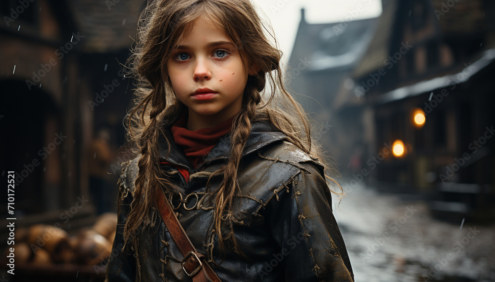 Fototapeta premium Young woman in winter coat, looking at camera generated by AI